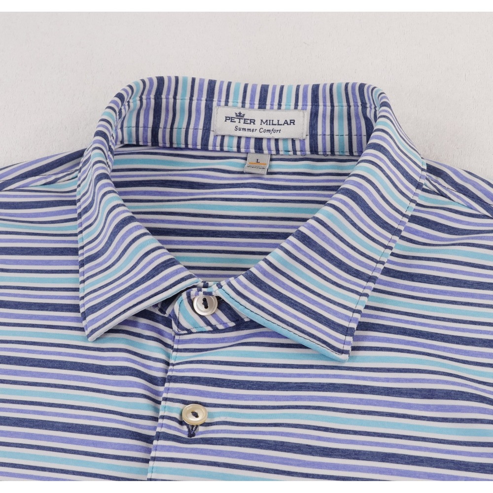 Peter Millar Ray Performance Jersey Polo Mens Large Blue Striped Summer Comfort